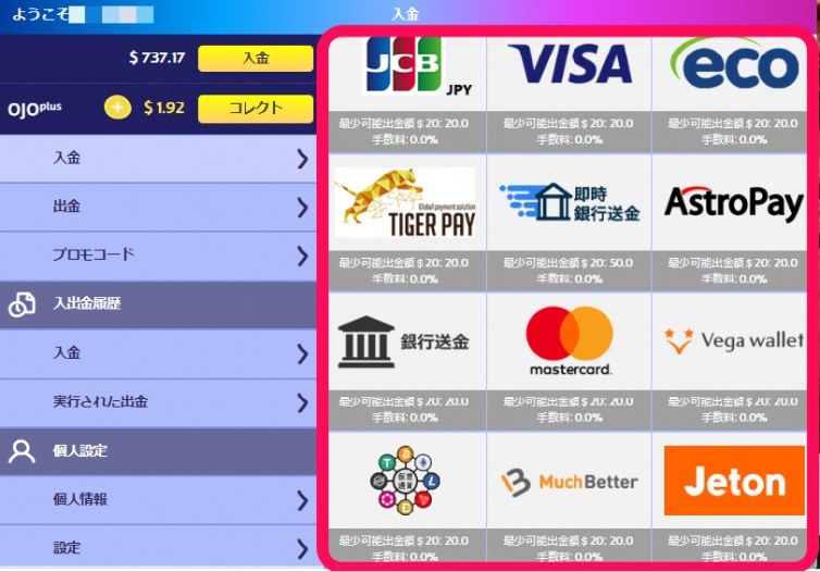 プレイオジョ 入金画面