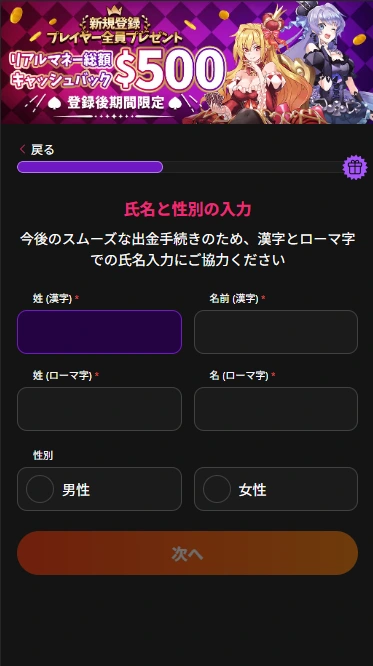 インターカジノの登録ステップ3（個人情報を入力）