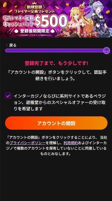 インターカジノの登録ステップ4（アカウント開設）